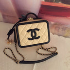 CC Filigree Vanity Case Bag Black Beige Quilted Caviar Leather