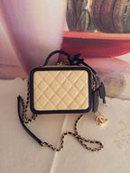 CC Filigree Vanity Case Bag Black Beige Quilted Caviar Leather