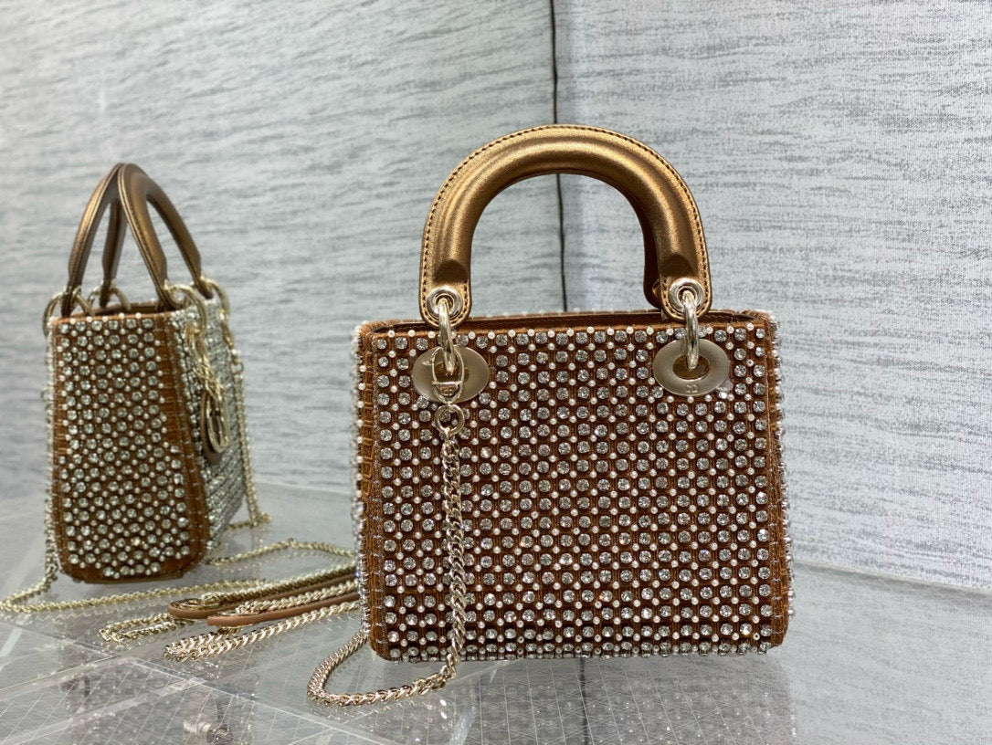 CD Lady 17 Brown metallic Canvas and Calfskin attached diamonds