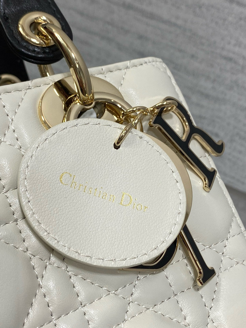 Lady Dior 20cm White Black Gold Chain Lambskin