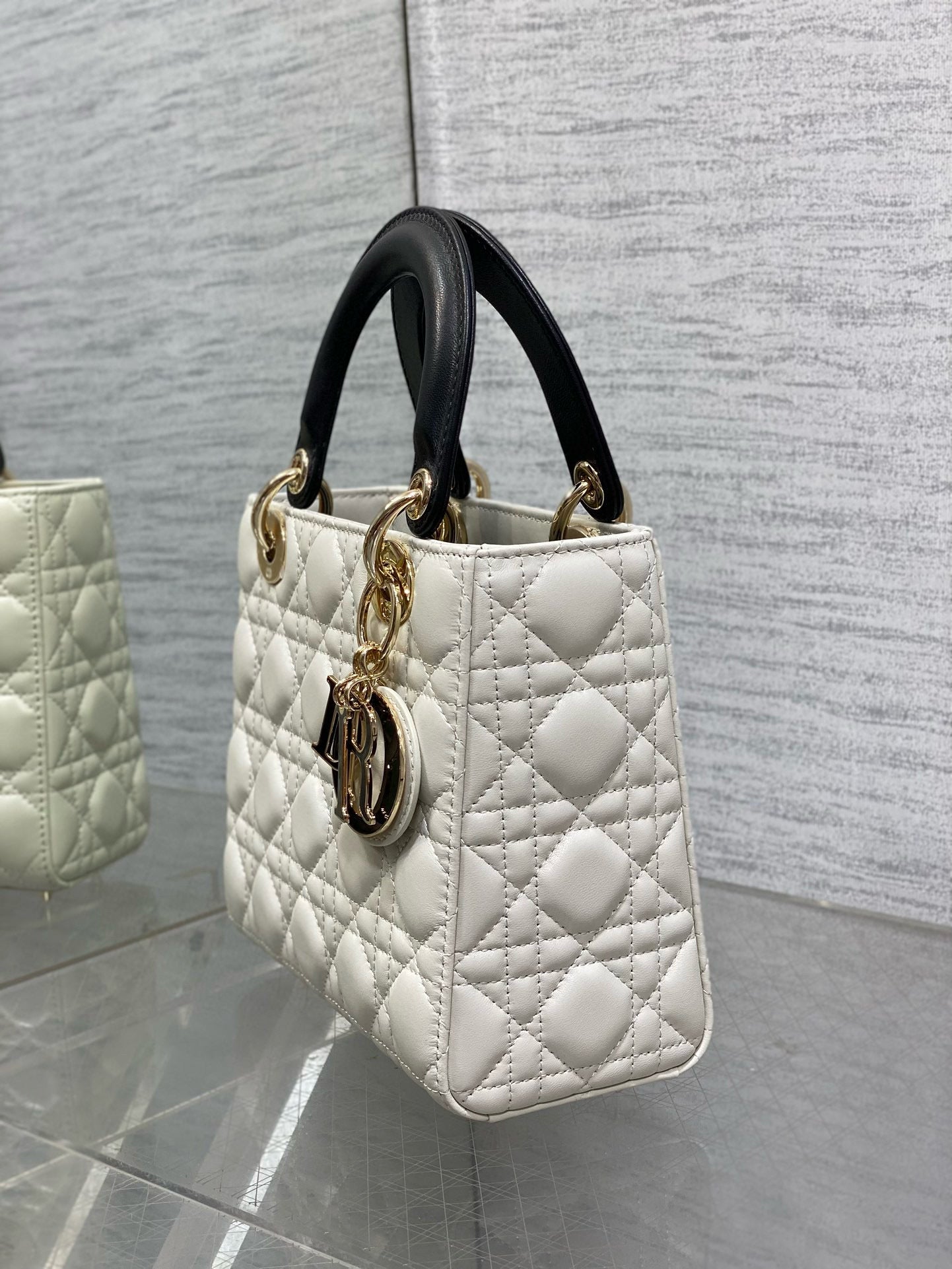 Lady Dior 20cm White Black Gold Chain Lambskin