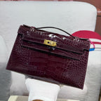 HM KELLY MINI 22 BORDEAUX RED AMERICAN ALLIGATOR GOLD BUCKLE (MADE - TO - ODER)