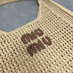 Miu Miu Woven Fabric Hobo Bag 44cm Beige Mix Cognac