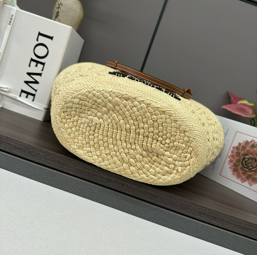 LOE ANAGRAM BASKET 46CM BAG IN NATURAL MIX BROWN IRACA PALM AND CALFSKIN