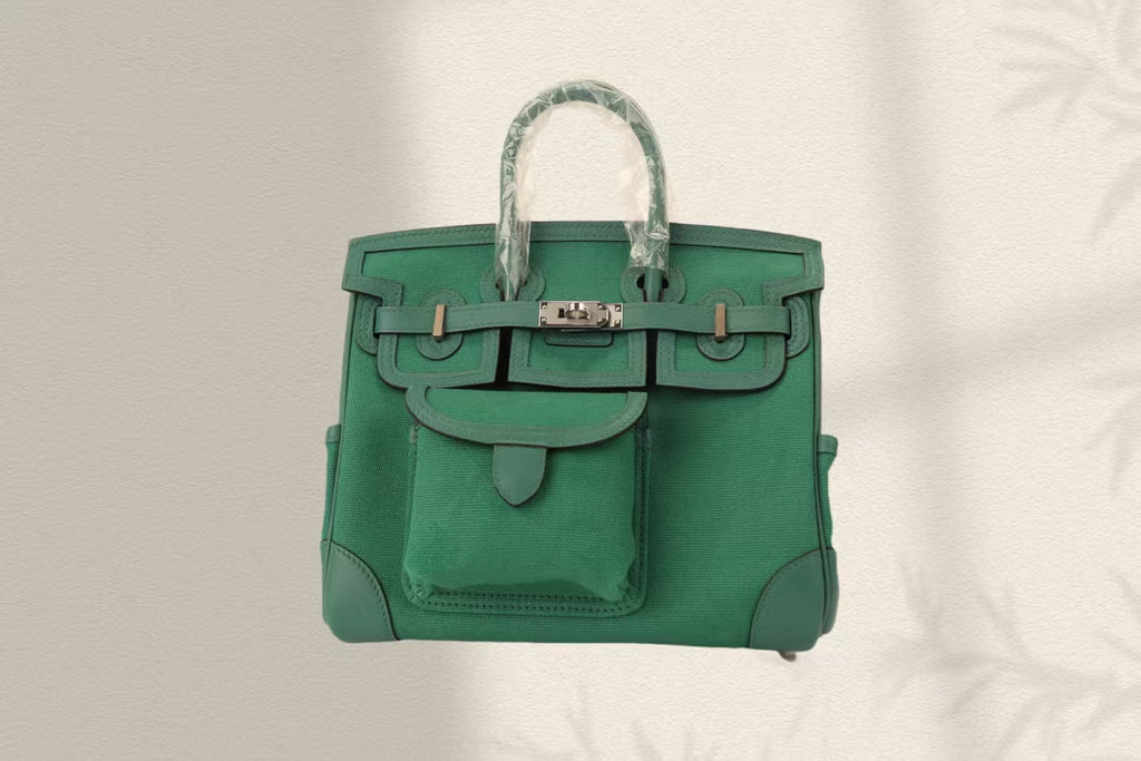 HM Birkin Cargo 25CM Velvet Green Silver Buckle Swift Leather and Canvas