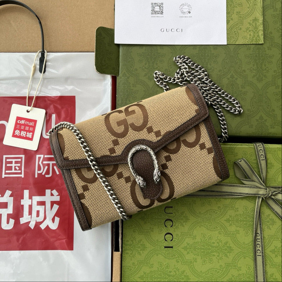 Gucci Jumbo Dionysus Wallet On Chain Brown Canvas and GG   Leather