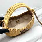 MIU WANDER 20 WICKER HOBO BAG IN TAN/ CAMERAL TAN