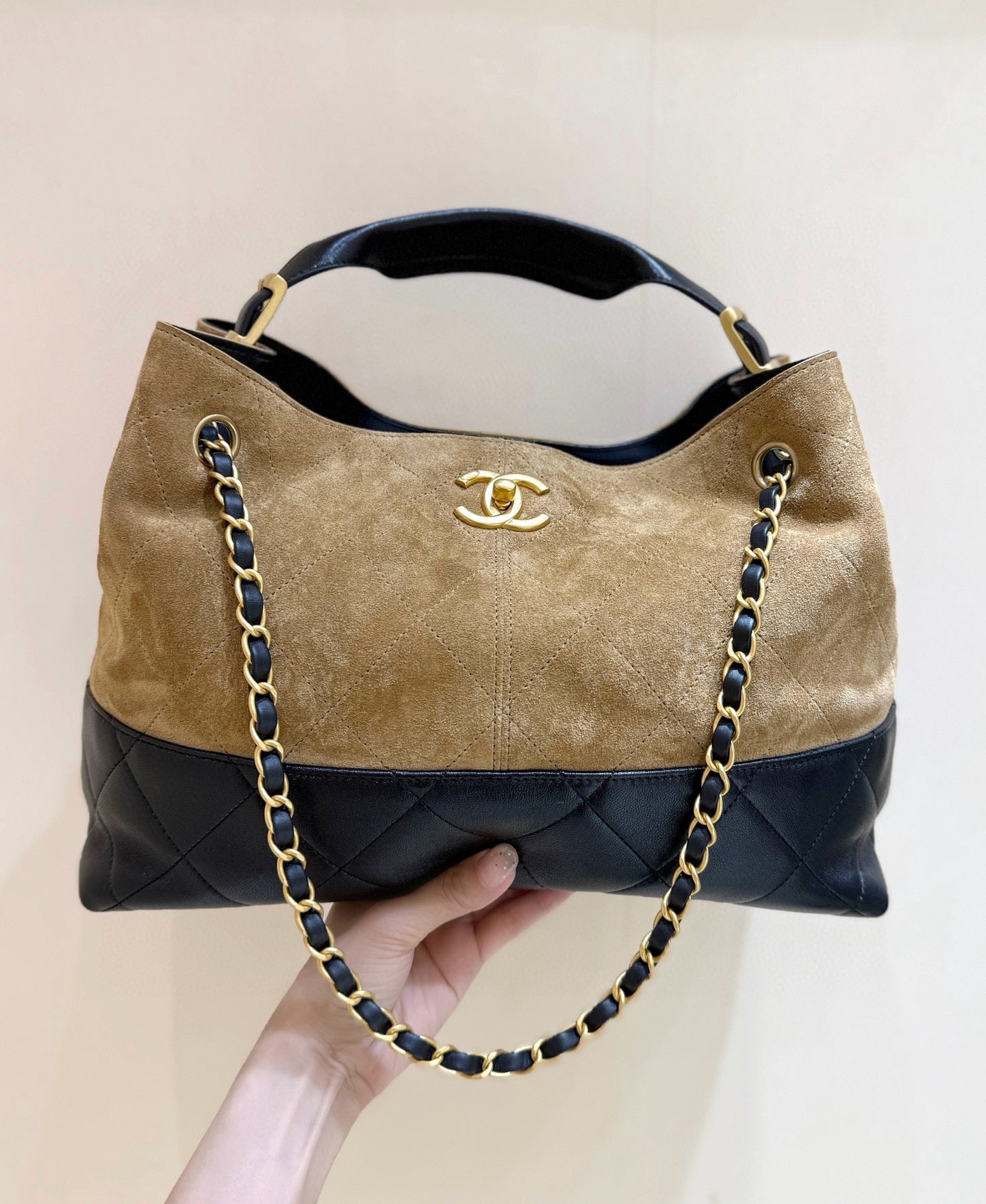 CC 25A Shopping And Bowling Hobo Bags 36cm Brown Suede Black Lambskin