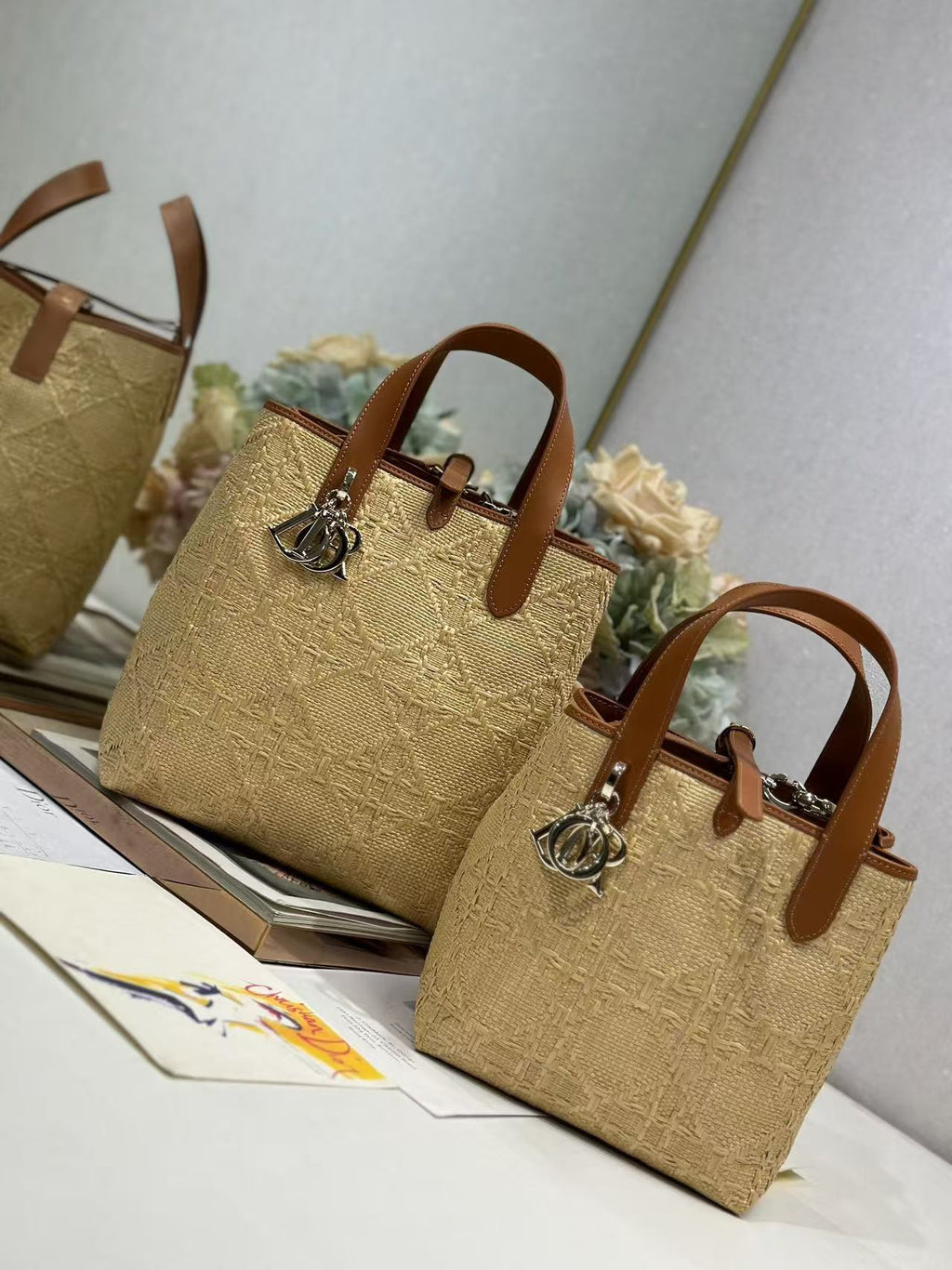 CD Toujours Vertical Tote Bag Brown Coconut Fiber Weaving Paired with Cowhide