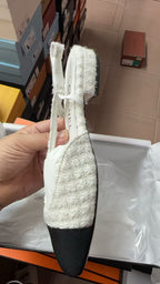 CC Cap Toe Flat Slingbacks White Black Tweed Fabric