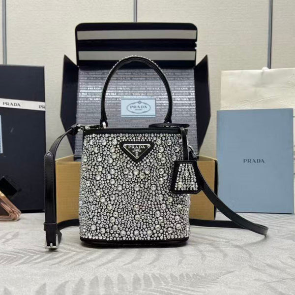 Prada Panier  Bag Black White Crystal-embellished Leather