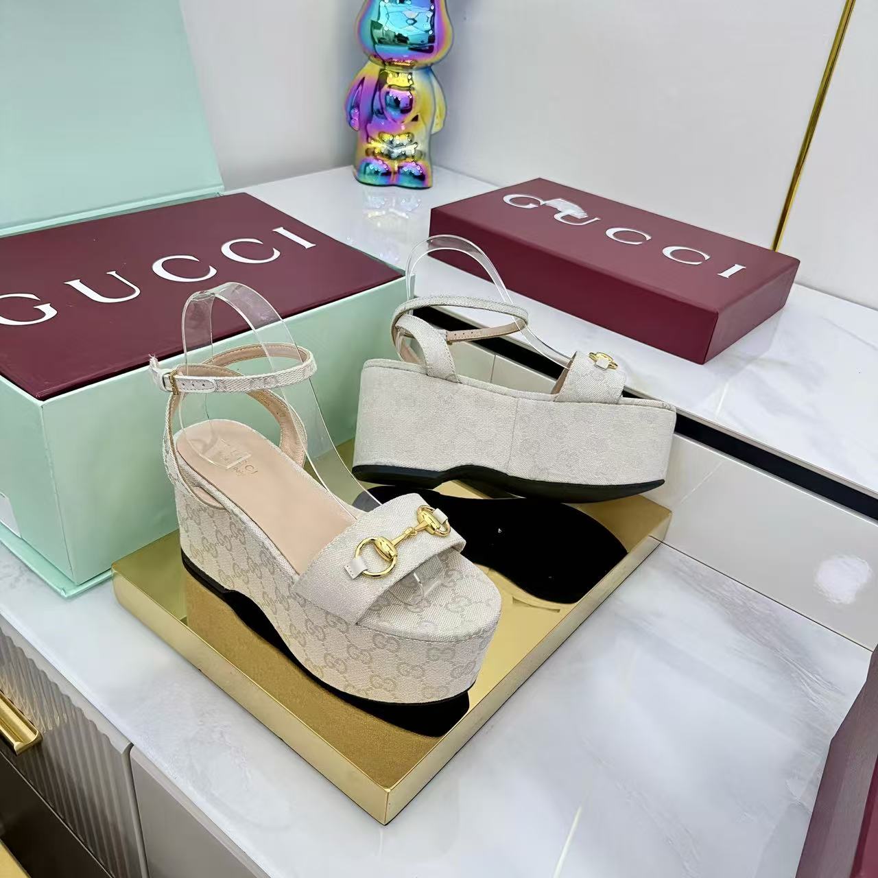 GG Lady Horsebit 75mm Wedge Sandals Beige Canvas