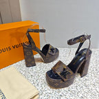 LV Shake Sandals 11cm High Block Heel Brown Monogram Leather