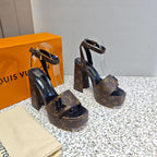 LV Shake Sandals 11cm High Block Heel Brown Monogram Leather