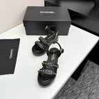 CC 25FW Platform Sandals 6cm Heel Black Calfskin