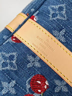 LV x TM Keepall Bandoulière 45cm Bag Blue Red Beige Denim Fabric Cowhide
