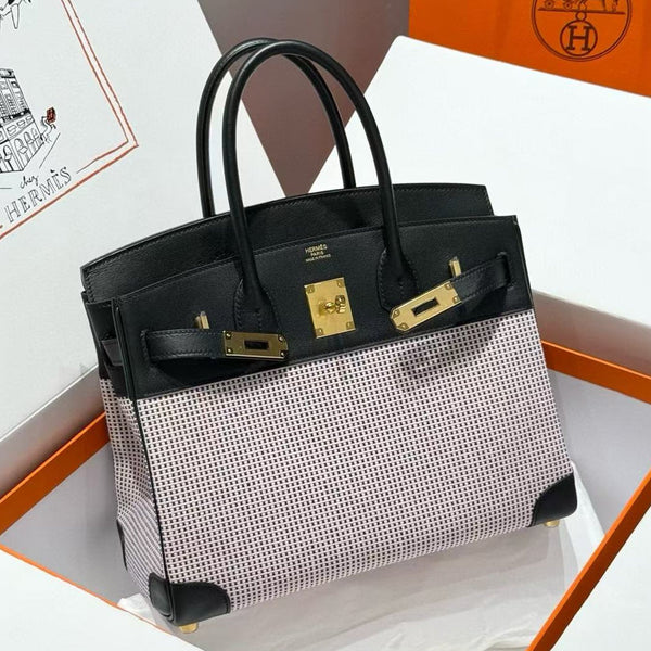 HM 2025 Birkin 30cm Black White Swift Cowhide Canvas Fabric With Waffle Panda
