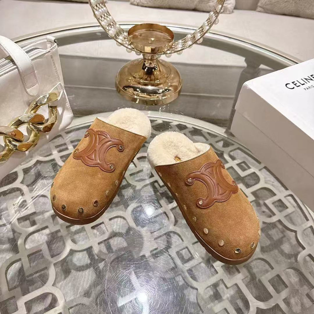 Celine 25 Rivet Birkenstock Slippers Brown Suede Shearling