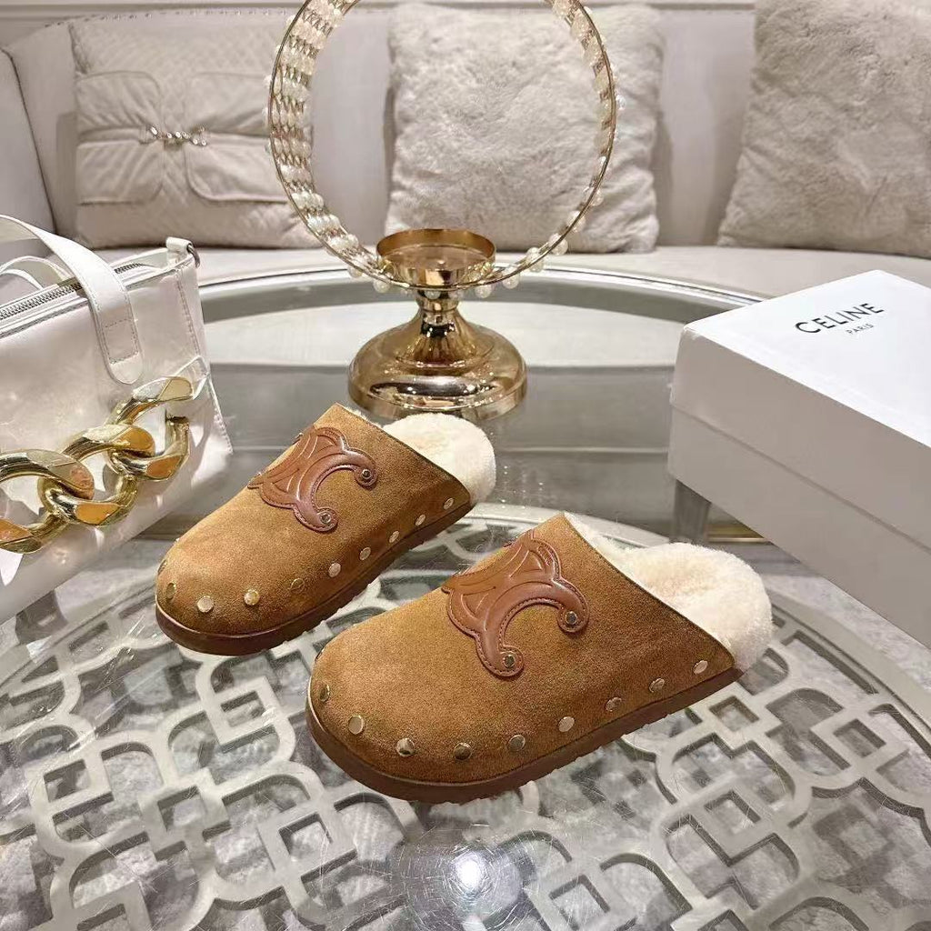 Celine 25 Rivet Birkenstock Slippers Brown Suede Shearling