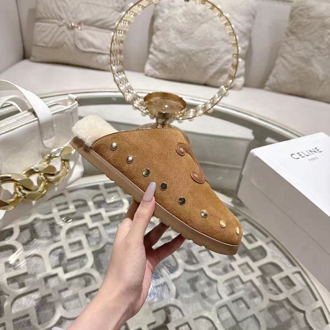 Celine 25 Rivet Birkenstock Slippers Brown Suede Shearling