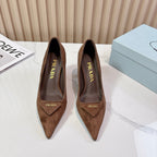 Prada Pointed Toe Pumps 7cm Heel Triangle Logo Dark Brown Suede