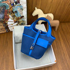 HM PICOTIN BASKET LOCK 18 BLUE SWIFT LEATHER AND CANVAS PATCHWORK SILVER HARDWARE