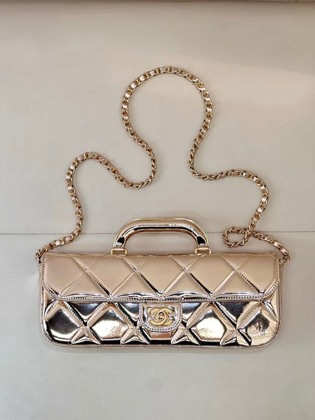 CC 25K Large Flap Bag with Top Handle Chain Strap Gold Metalic Patent Calfskin GHW