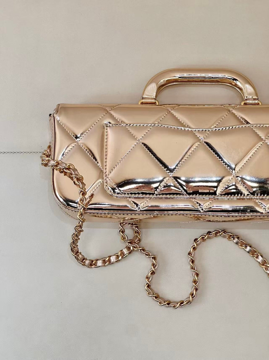CC 25K Large Flap Bag with Top Handle Chain Strap Gold Metalic Patent Calfskin GHW