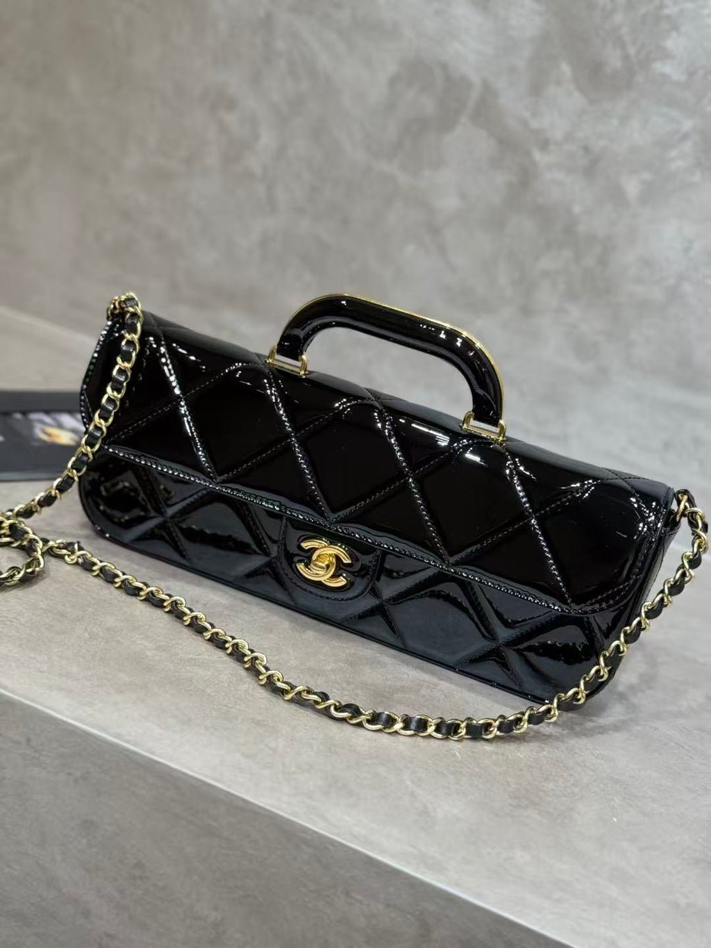 CC 25K Large Flap Bag with Top Handle Chain Strap Black Patent Calfskin GHW