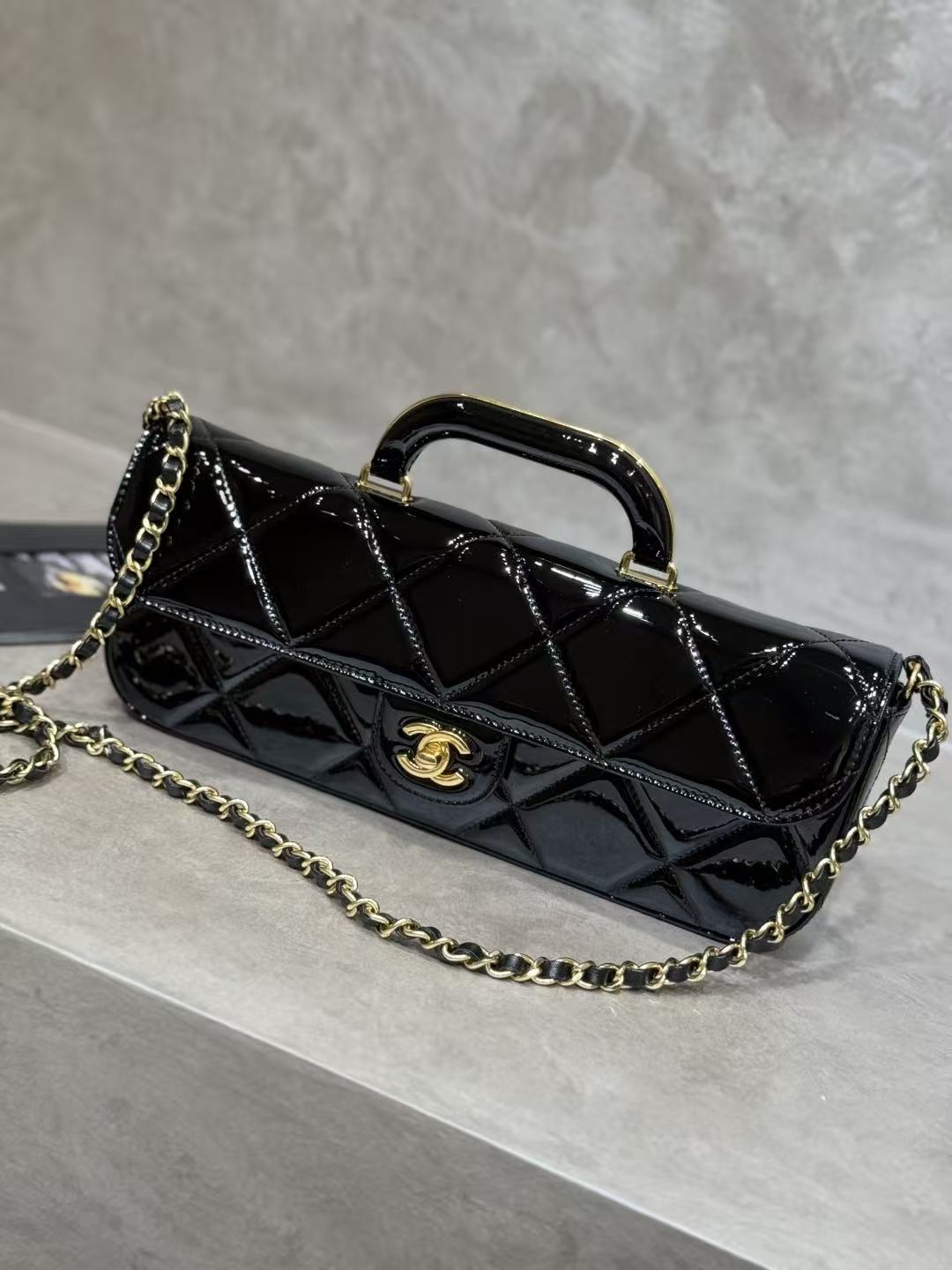 CC 25K Large Flap Bag with Top Handle Chain Strap Black Patent Calfskin GHW