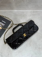 CC 25K Large Flap Bag with Top Handle Chain Strap Black Patent Calfskin GHW