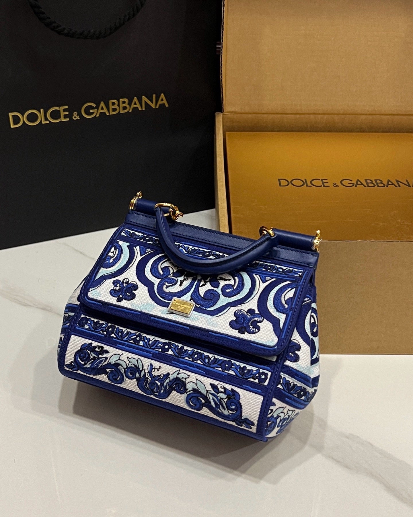 Dolce & Gabbana Porcelain Sicily Bag 20cm Blue and White Embroidery Calfskin