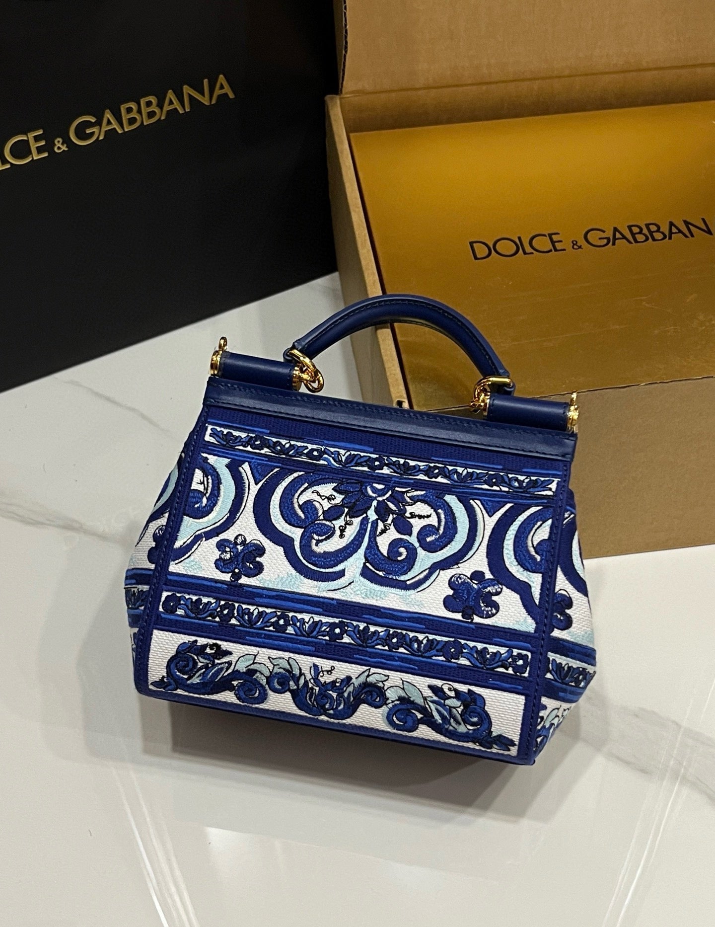 Dolce & Gabbana Porcelain Sicily Bag 20cm Blue and White Embroidery Calfskin