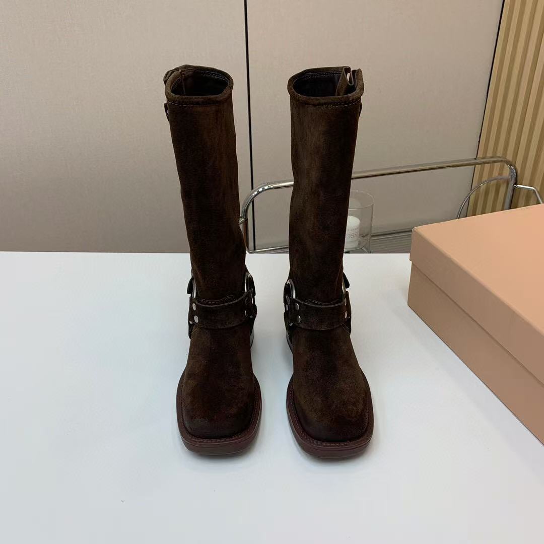 Miu Miu Biker High-Length Boots Brown Suede