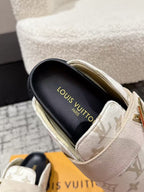 LV 25 Cosy Comfort Flat Clog Mule White Beige Black Leather Fabric