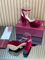 GG Horsebit Platform Sandals 15cm High Heel Red Velvet