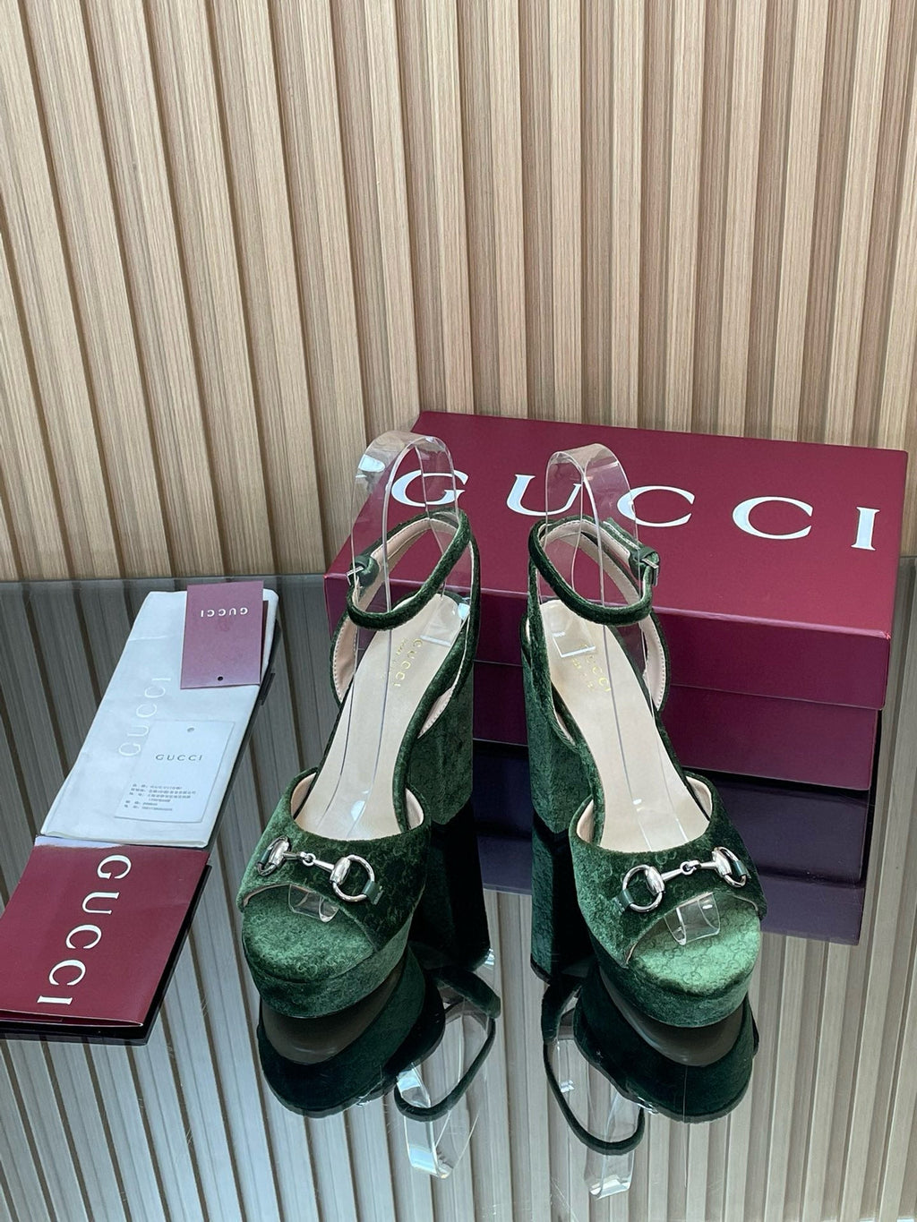 GG Horsebit Platform Sandals 15cm High Heel Green Velvet