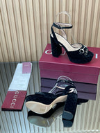 GG Horsebit Platform Sandals 15cm High Heel Black Velvet