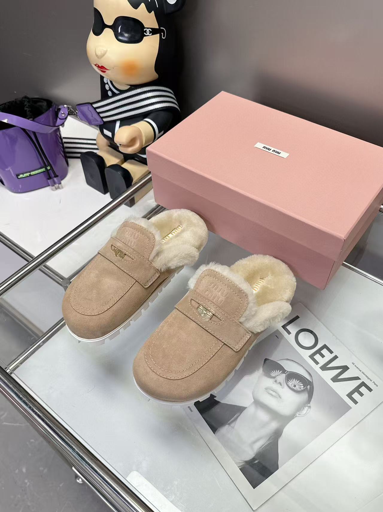 Miumiu Gold Penny Mules Beige Shearling Suede
