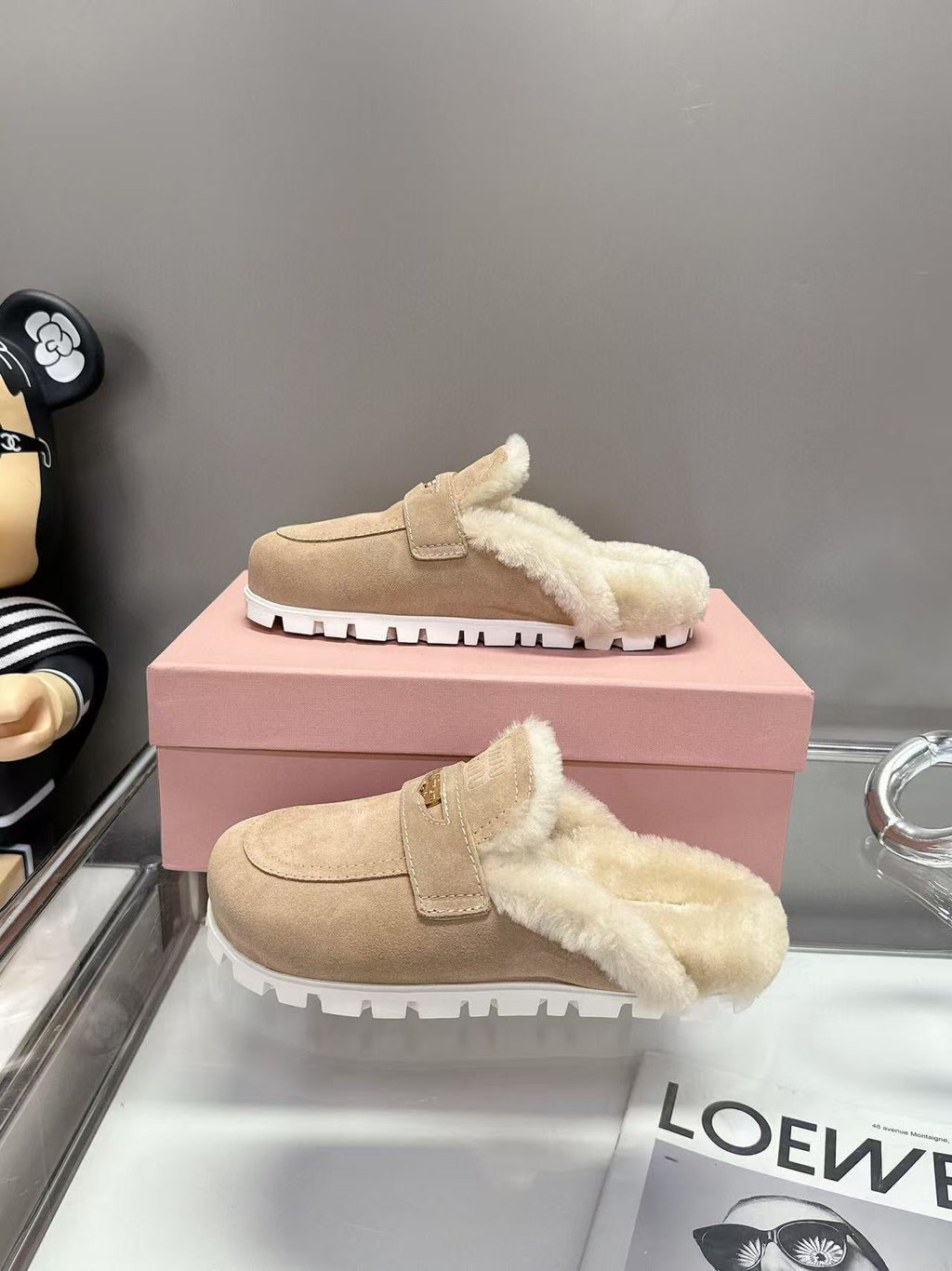 Miumiu Gold Penny Mules Beige Shearling Suede
