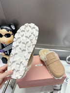 Miumiu Gold Penny Mules Beige Shearling Suede
