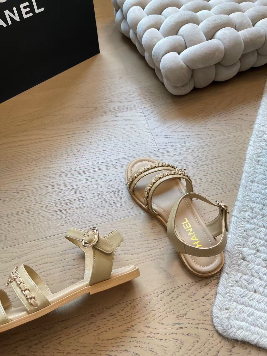 CC 25 Gold Chain Strappy Sandals Apricot Cowhide