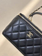 CC Mirror Vanity Case Top Handle Chain Strap Black Lambskin GHW