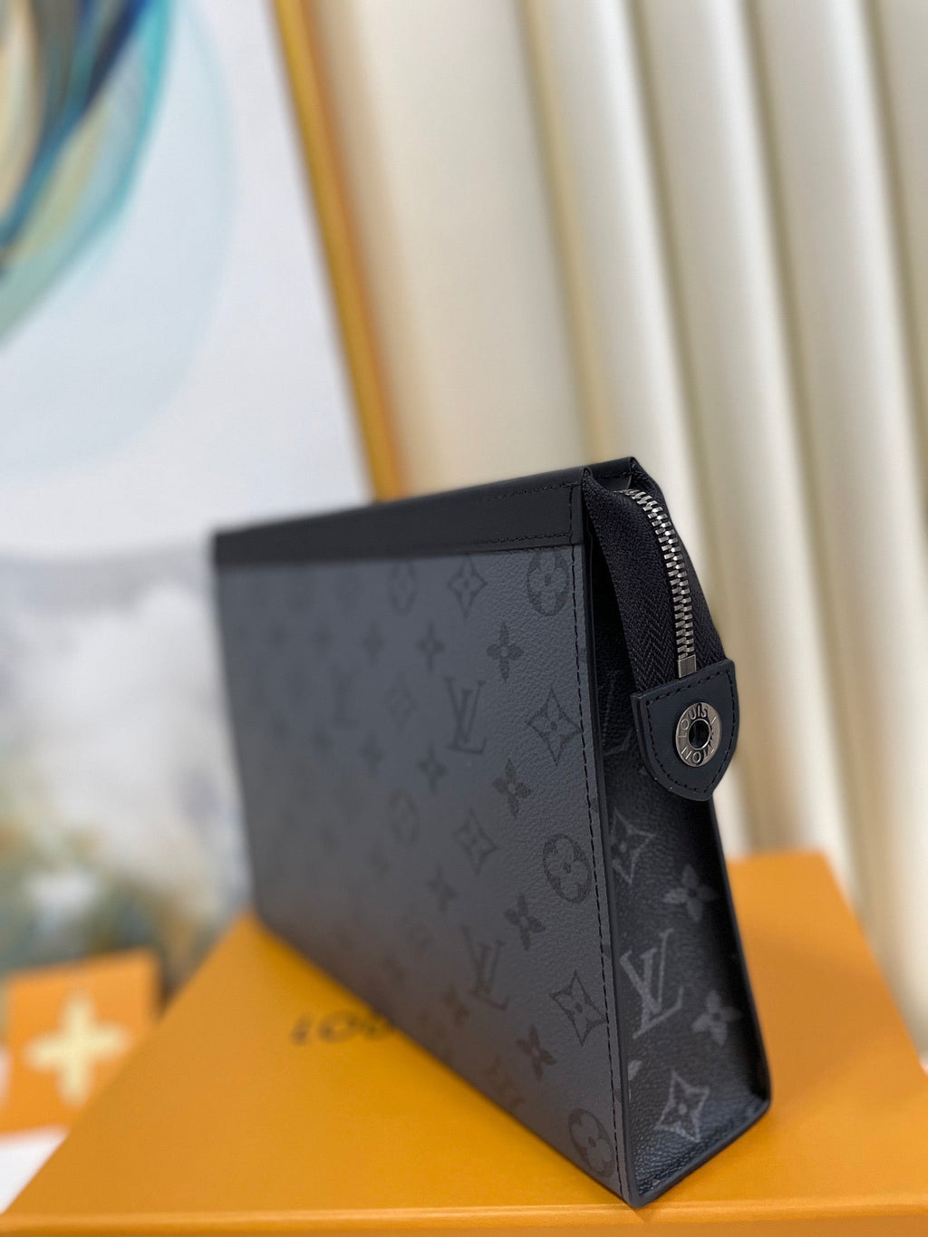 LV Pochette To-Go Bag 26cm Black Gray Canvas Cowhide