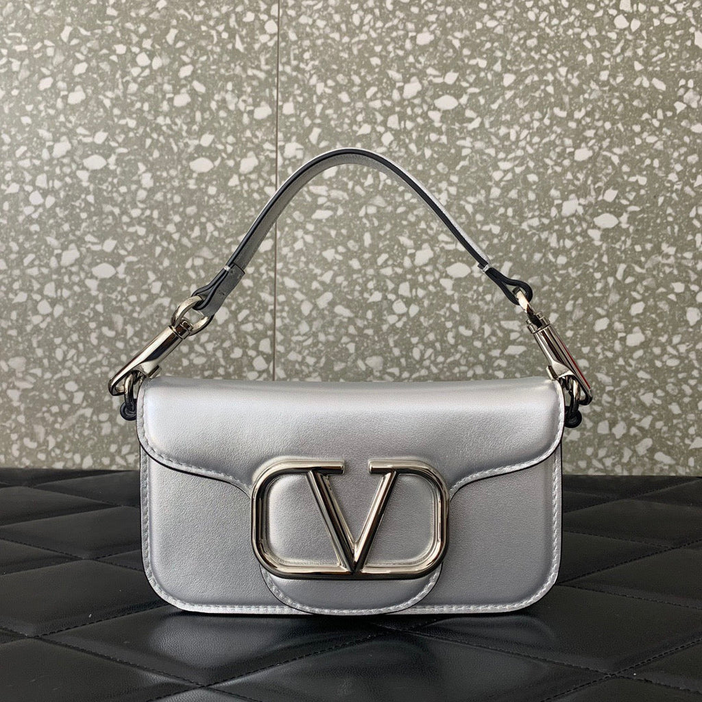 Valentino Garavani Small Locò Shoulder Bag Sliver Metallic Leather