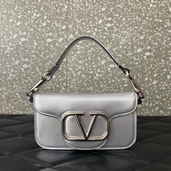 Valentino Garavani Small Locò Shoulder Bag Sliver Metallic Leather