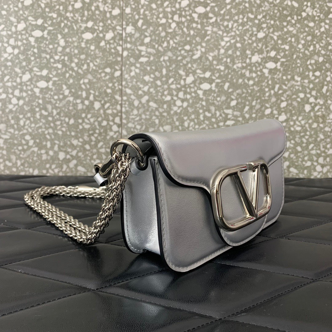 Valentino Garavani Small Locò Shoulder Bag Sliver Metallic Leather