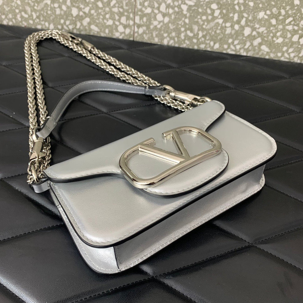 Valentino Garavani Small Locò Shoulder Bag Sliver Metallic Leather