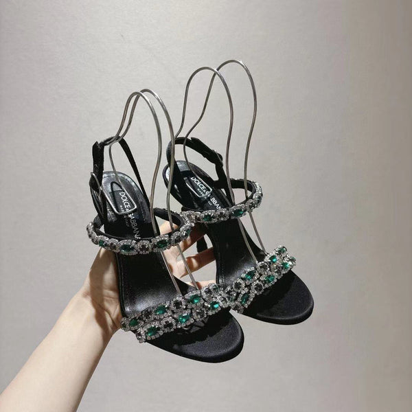 DG Sandals 10cm High Heel Green Crystal Embellished Black Silk