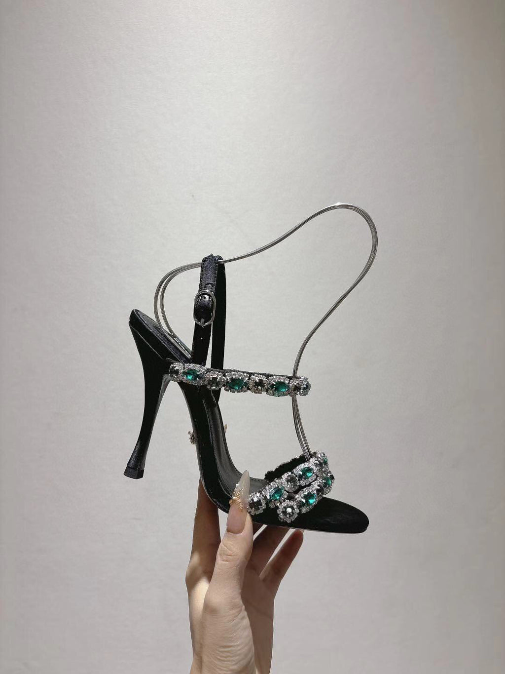DG Sandals 10cm High Heel Green Crystal Embellished Black Silk